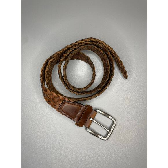 Genuine Leather Brown Braided Woven Belt Large 48” Silver Hardware Western Boho - Picture 1 of 6